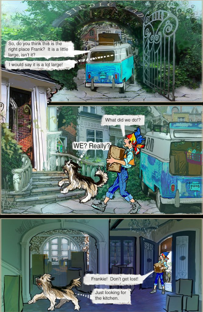 A comic-style illustration showing a colorful van parked in front of a large house with an archway labeled 'Hippie Lane'. The scene features a girl with blue hair carrying a box while a small dog runs ahead, and dialogue bubbles express a humorous conversation about finding the kitchen.