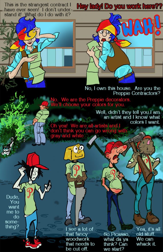 A cartoon scene featuring five characters in a humorous discussion about home decoration and colors. One character, seems confused about a contract, while others offer colorful suggestions and opinions on redesigning a house.
