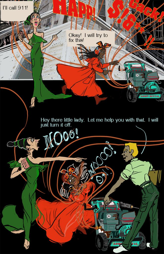 A comic-style illustration featuring three characters: a woman in a green dress and a woman in a red dress appear to be in a state of distress, while a man in a work uniform is trying to assist. The scene includes a generator with the label 'ADMIN RENTAL' and dynamic action lines to emphasize movement and urgency.