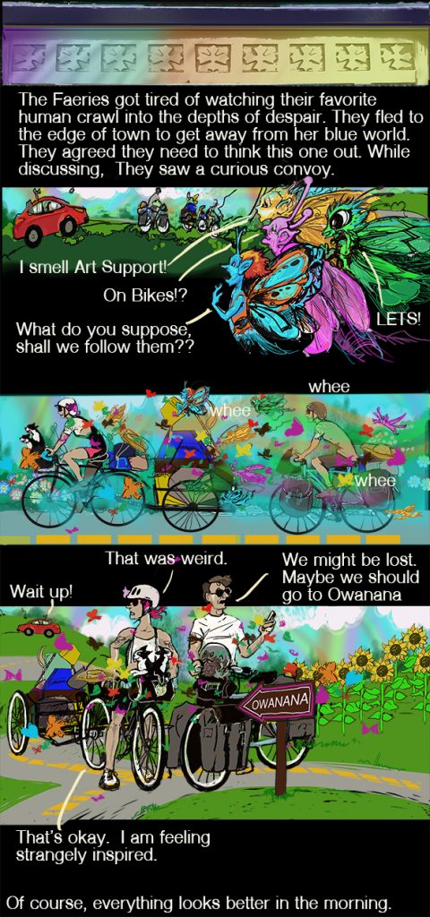 A colorful comic-style illustration featuring whimsical faeries and humans interacting. The scene shows characters on bicycles discussing what to do next, with a fantastical background filled with lush greenery and flowers.