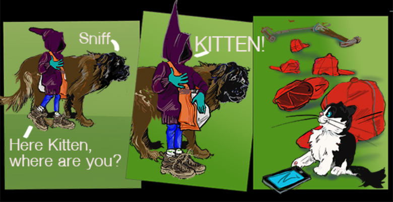 A child wearing a purple hooded cloak and holding a bag stands beside a large dog, looking for a kitten. The dog sniffs the ground. In a separate panel, the child excitedly calls out 'KITTY!' while a black and white kitten looks on from another panel, sitting beside a tablet and scattered red hats.